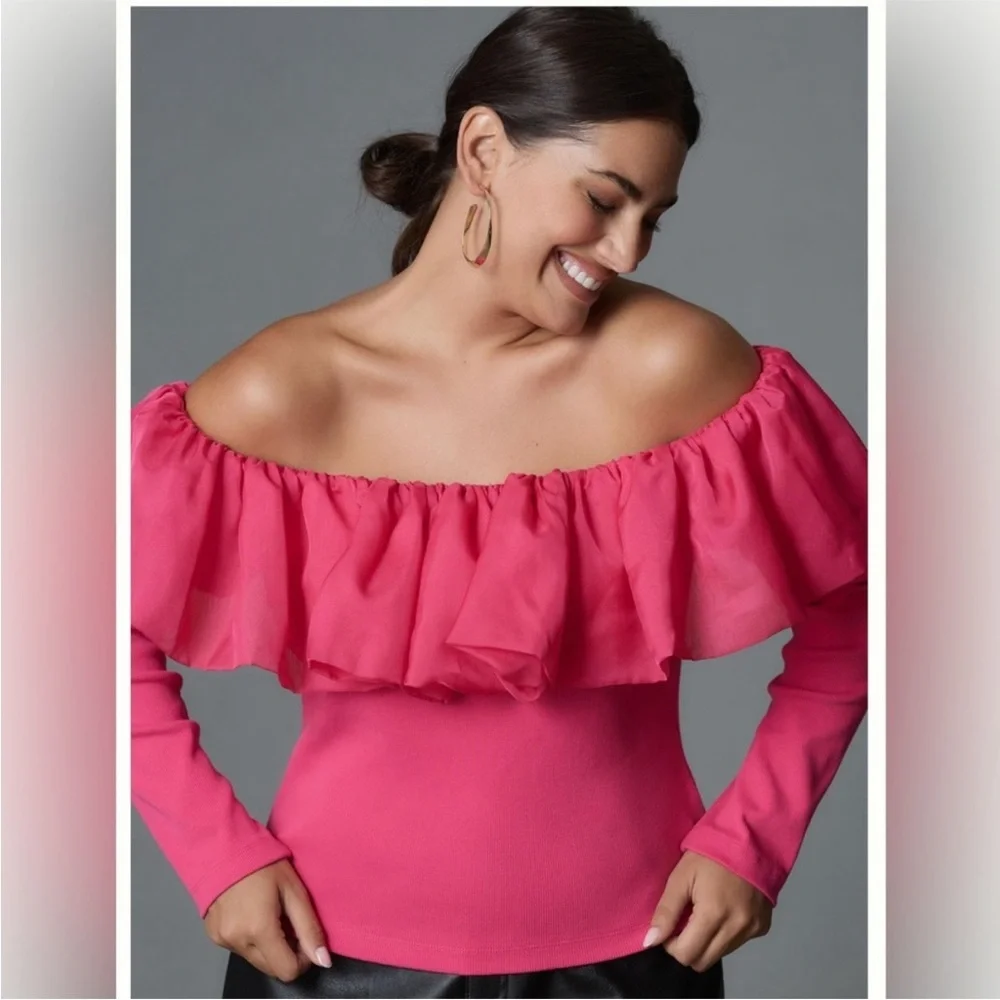 Anthropologie Pink Off Shoulder Ruffle Ribbed Top Size 2X NWT